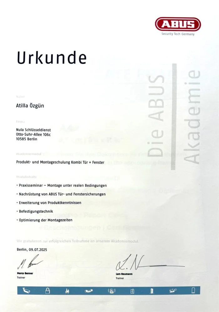 Urkunde ABUS-Fachpartner für Schlüsseldienst Nula